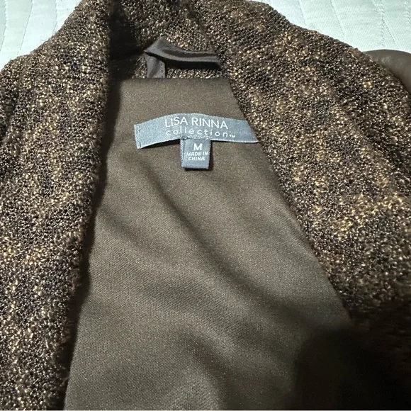 Lisa Rinna Brown Tweed Faux Leather Sleeve Wrap Jacket Size Medium - Picture 4 of 6